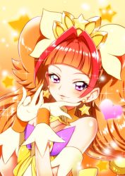 Rule 34 | amanogawa kirara, blunt bangs, blush, choker, commentary request, cure twinkle, earrings, flower earrings, gloves, go! princess precure, heart, jewelry, looking at viewer, magical girl, multicolored hair, orange hair, precure, purple eyes, quad tails, solo, star (symbol), star earrings, streaked hair, two-tone hair, white gloves, yuto (dialique)