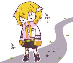 Rule 34 | 1girl, black footwear, black shorts, blonde hair, closed eyes, colored tips, denonbu, facing viewer, full body, hair ears, high collar, jacket, long sleeves, lowres, midriff, multicolored hair, nonkomu (furiten5553), official art, outline, road, shoes, short hair, shorts, sleeves past fingers, sleeves past wrists, solo, standing, taiga lucia, translated, transparent background, white jacket, white outline, zipper, zipper pull tab