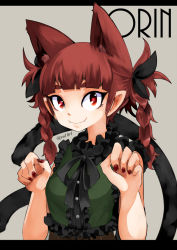 Rule 34 | 1girl, adapted costume, animal ear fluff, animal ears, artist name, bare shoulders, black ribbon, blunt bangs, braid, breasts, bright pupils, cat ears, cat tail, character name, claw pose, closed mouth, dress, extra ears, eyebrows hidden by hair, fangs, fangs out, frills, green dress, grey background, hands up, kaenbyou rin, letterboxed, looking at viewer, medium breasts, multiple tails, nail polish, neck ribbon, nekomata, pointy ears, red eyes, red hair, red nails, ribbon, simple background, sleeveless, sleeveless dress, smile, solo, tail, touhou, twin braids, twintails, two tails, upper body, yutori (inu-hito)