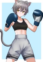 Rule 34 | 1girl, absurdres, ahoge, animal ears, arc (stkmn 8), bare shoulders, blue background, boxing gloves, breasts, cat ears, cat girl, cat tail, closed mouth, commentary request, grey hair, grey shorts, hair between eyes, highres, original, shorts, small breasts, solo, standing, tail, two-tone background, v-shaped eyebrows, white background, yellow eyes