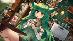 Rule 34 | 1girl, :o, animal ear fluff, animal ears, antlers, artist name, cafe, character name, coffee, commentary, commission, cup, english commentary, flower, gloves, green eyes, green hair, haruka karibu, highres, holding, holding cup, horns, looking down, miyayosh, moose ears, open mouth, parfait, rose, solo, teacup, virtual youtuber, vshojo, watermark, yellow flower, yellow rose