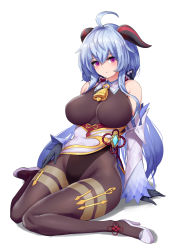 Rule 34 | 1girl, absurdres, ahoge, arm support, bare shoulders, bell, black leotard, black pantyhose, blue gloves, blue hair, blush, bodystocking, bodysuit, breasts, chinese knot, cho!cho!, detached sleeves, flower knot, ganyu (genshin impact), genshin impact, gloves, gold trim, groin, hand on own thigh, high heels, highres, horns, large breasts, leaning back, legs together, leotard, leotard under clothes, long hair, looking at viewer, neck bell, pantyhose, purple eyes, sidelocks, sitting, solo, thighlet, thighs, vision (genshin impact), wariza, white background, white sleeves
