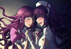 Rule 34 | 2girls, apron, bandages, blush, breasts, closed eyes, commentary, criis-chan, crying, danganronpa (series), danganronpa 2: goodbye despair, dress, dual persona, elbow gloves, floating hair, from side, gloves, glowing, glowing eye, holding hands, long hair, medium breasts, mole, mole under eye, multiple girls, nurse, open mouth, puffy short sleeves, puffy sleeves, purple hair, saliva, short sleeves, teeth, tsumiki mikan, upper body, upper teeth only, wavy hair, white apron, white dress, white gloves