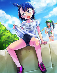 Rule 34 | 2girls, absurdres, black hair, blue eyes, blue sky, blush, cloud, day, fang, fishing rod, glasses, hair ornament, highres, hodaka natsumi, holding, houkago teibou nisshi, multiple girls, ocean, one-piece swimsuit, oono makoto, open mouth, outdoors, ponytail, shoes, sidelocks, sky, sneakers, swimsuit, teeth, wet
