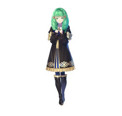 Rule 34 | 1girl, absurdres, black footwear, boots, bow, closed mouth, commentary request, dress, female focus, fire emblem, fire emblem: three houses, fire emblem heroes, flayn (fire emblem), frills, full body, gold trim, green eyes, green hair, hair ornament, highres, knee boots, kousei horiguchi, long hair, long sleeves, looking at viewer, matching hair/eyes, nintendo, official art, pantyhose, school uniform, simple background, smile, solo, standing, turtleneck, white background