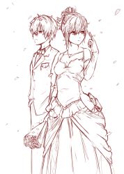 Rule 34 | 10s, 1boy, 1girl, arantheus, bare shoulders, bouquet, breasts, dress, elbow gloves, finger twirl, flower, formal, gloves, hyouka, jewelry, monochrome, necklace, oreki houtarou, petals, playing with hair, playing with own hair, sketch, suit, updo, wedding dress, yamanishi midori