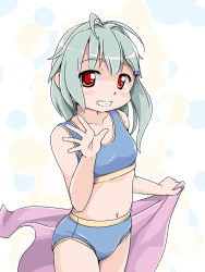 Rule 34 | 1girl, bikini, blue bikini, blush stickers, collarbone, commentary request, cowboy shot, green hair, grin, highres, holding, holding towel, hoono yurumu, long hair, looking at viewer, navel, original, red eyes, simple background, smile, solo, standing, swimsuit, towel, waving, white background