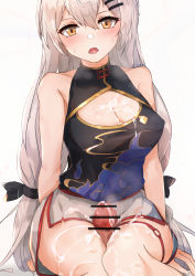 Rule 34 | 1girl, absurdres, bare shoulders, black ribbon, blush, breasts, brown eyes, china dress, chinese clothes, cleavage, closed mouth, cum, cum on body, cum on breasts, cum on upper body, dress, facial, girls&#039; frontline, grey hair, hair between eyes, hair ribbon, highres, legs together, long hair, looking at viewer, medium breasts, muteppona hito, penis, ribbon, shorts, sitting, solo, svd (girls&#039; frontline), sweat, thigh sex, thighs, white background, white shorts