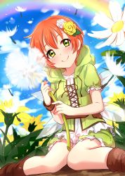 Rule 34 | 1girl, blush, boots, bracelet, brown footwear, closed mouth, commentary request, day, dress, fairy wings, feet out of frame, flower, flower request, green dress, green eyes, green hoodie, head tilt, highres, holding, holding flower, hood, hoodie, hoshizora rin, jewelry, looking at viewer, love live!, love live! school idol festival, love live! school idol project, mini person, minigirl, on floor, puffy short sleeves, puffy sleeves, red hair, sekina, short sleeves, sitting, smile, solo, wings