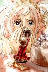 Rule 34 | 1boy, 1girl, barrel, blue eyes, cake, crying, food, giant, giantess, hat, looking at another, monkey d. luffy, one piece, pink hair, shirahoshi