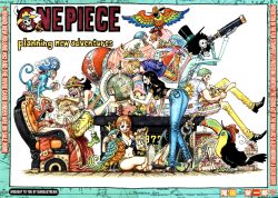 Rule 34 | 2girls, animal, ass, bird, black hair, blue hair, breasts, brook (one piece), chair, curvy, food, franky (one piece), fruit, gold, green hair, highres, holding, holding plate, knife, legs, long hair, map, monkey, monkey d. luffy, multiple boys, multiple girls, nami (one piece), navel, nico robin, oda eiichirou, official art, one piece, orange hair, parrot, plate, reindeer, roronoa zoro, sanji (one piece), sitting, skeleton, standing, stomach, table, thighs, tony tony chopper, treasure, usopp, wide hips