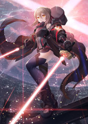Rule 34 | 1girl, ahoge, armor, artoria pendragon (fate), blonde hair, breastplate, coat, dual wielding, energy sword, fate/grand order, fate (series), highres, holding, hood, lightsaber, mysterious heroine x alter (fate), mysterious heroine x alter (third ascension) (fate), nakamura eight, sword, thighhighs, weapon, yellow eyes