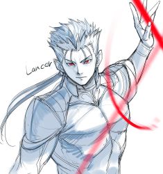 Rule 34 | 1boy, armor, blue theme, character name, cu chulainn (fate), cu chulainn (fate/stay night), earrings, fate/stay night, fate (series), gae bolg (fate), hand up, highres, holding, holding sword, holding weapon, jewelry, lance, light smile, looking at viewer, male focus, monochrome, parted lips, pauldrons, polearm, ponytail, red eyes, shoulder armor, sketch, solo, spot color, sword, tetsu (kimuchi), upper body, weapon