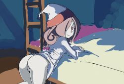 Rule 34 | 10s, 1girl, ass, bed, grey eyes, grey hair, hair over one eye, hat, little witch academia, looking back, orenji (wholesomeorenji), pajamas, pussy, smile, stairs, sucy manbavaran, unfinished, witch, witch hat