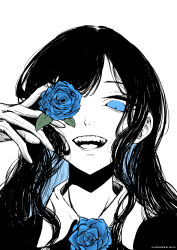 Rule 34 | 1girl, absurdres, ado (utaite), artist name, blue eyes, blue flower, blue rose, chando (ado), cloud nine inc, colored inner hair, commentary, curly hair, flower, flower brooch, flower over eye, gloves, highres, lee yu, long hair, looking at viewer, multicolored hair, open mouth, portrait, rose, sidelocks, simple background, solo, spot color, symbol-only commentary, teeth, two-tone hair, upper teeth only, utaite