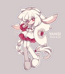 Rule 34 | 1girl, :&lt;, animal ears, artist name, bow, braid, dated, dress, dress bow, ears down, full body, grey background, hand up, highres, holding, holding pillow, knees together feet apart, layered dress, long hair, looking at viewer, original, pantyhose, pillow, rabbit ears, red eyes, single braid, slippers, solo, very long hair, watermark, white bow, white dress, white footwear, white hair, white pantyhose, xianyudian laoban