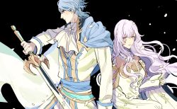 Rule 34 | 1boy, 1girl, black background, blue hair, book, cape, cloak, deirdre (fire emblem), european clothes, fire emblem, fire emblem: genealogy of the holy war, highres, holding, holding book, holding sword, holding weapon, long hair, looking at viewer, nintendo, sigurd (fire emblem), simple background, sword, wavy hair, weapon, white hair