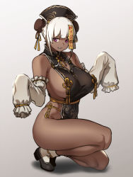 Rule 34 | 1girl, bare shoulders, black footwear, breasts, bun cover, cleavage cutout, clothing cutout, commentary, dark skin, dark-skinned female, detached sleeves, double bun, full body, grey background, highres, houtengeki, large breasts, looking at viewer, no panties, ofuda, original, purple eyes, shoes, sideboob, simple background, sleeves past fingers, sleeves past wrists, solo, symbol-only commentary, thighs, white hair