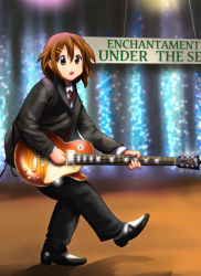 Rule 34 | 1girl, back to the future, brown eyes, brown hair, cosplay, crossover, diesel-turbo, duck walk, english text, engrish text, formal, gibson, guitar, hair ornament, hairclip, hirasawa yui, instrument, k-on!, marty mcfly, marty mcfly (cosplay), necktie, parody, ranguage, short hair, solo, stage, suit