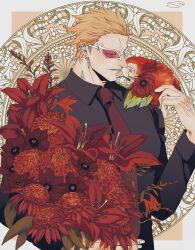 Rule 34 | 1boy, absurdres, animal, animal on shoulder, arm up, bird, bird on shoulder, blonde hair, bouquet, closed eyes, donquixote doflamingo, earrings, eyes visible through eyewear, flower, flower ornament, highres, holding, holding bouquet, jewelry, male focus, one piece, parrot, red flower, short hair, sk c ii, smile, sunglasses, white-framed eyewear