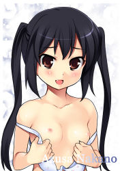 Rule 34 | 1girl, :d, azu, black eyes, black hair, blush, bra, breasts, fang, flat chest, highres, k-on!, lingerie, nakano azusa, nipples, open mouth, smile, solo, twintails, underwear