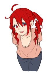 1girl ahoge arms_behind_back breasts cropped_legs denim downblouse drill_hair hair_between_eyes jeans kasane_teto open_mouth pants parted_bangs pink_shirt red_hair shirt simple_background small_breasts smile solo teeth tongue twin_drills upper_teeth_only utau white_background yasutange