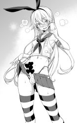 Rule 34 | 10s, 1boy, animal ears, blush, censored, genderswap, genderswap (ftm), greyscale, highres, kantai collection, long hair, male focus, mario (mario portal), monochrome, penis, puffy nipples, rabbit ears, sailor, selfie, shimakaze-kun, shimakaze (kancolle), solo, striped clothes, striped thighhighs, thighhighs, trap