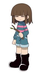 Rule 34 | 1other, androgynous, black footwear, blue shorts, blue sweater, boots, brown hair, closed eyes, closed mouth, expressionless, frisk (undertale), funamusea (style), holding, holding stick, leaf, shirt, short hair, shorts, simple background, stick, striped clothes, striped shirt, striped sweater, sweater, thc (thc3795), undertale, white background