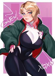 Rule 34 | 1girl, alternate breast size, black bodysuit, blonde hair, blush, bodysuit, breasts, character name, contrapposto, cowboy shot, green jacket, highres, jacket, large breasts, looking at viewer, marvel, open clothes, open jacket, pink background, qtori, red jacket, short hair, smile, solo, spider-gwen, spider-man: across the spider-verse, spider-man (series), spider-verse, white background, white bodysuit