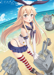Rule 34 | 10s, 1girl, :o, anchor, anchor hair ornament, beach, blonde hair, blush, crop top, crop top overhang, elbow gloves, gloves, hai ookami, hair ornament, hairband, highleg, highleg panties, highres, kantai collection, long hair, microskirt, midriff, navel, panties, personification, rensouhou-chan, shimakaze (kancolle), shiny skin, skindentation, skirt, striped clothes, striped thighhighs, thighhighs, underwear, white gloves, zettai ryouiki