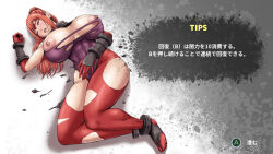 Rule 34 | abs, bodysuit, breasts, breasts apart, closed eyes, curvy, dark hunter kuro, full body, gameplay mechanics, huge breasts, japanese text, long hair, lying, nipples, official art, open mouth, original, piero, ponytail, purple bodysuit, red bodysuit, red hair, shiny clothes, shiny skin, skin tight, taut clothes, thick thighs, thighs, toes, torn bodysuit, torn clothes, translation request, user interface, wide hips, yamigari kuro (piero)