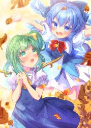 Rule 34 | 2girls, :d, :o, ascot, autumn leaves, blue bow, blue dress, blue eyes, blue hair, blue wings, blush, bow, bowtie, cirno, collared shirt, commentary request, daiyousei, detached wings, dress, green eyes, green hair, hair between eyes, hair bow, hands up, highres, ice, ice wings, ittokyu, multiple girls, one side up, open mouth, own hands together, puffy short sleeves, puffy sleeves, red bow, red bowtie, shirt, short sleeves, signature, sleeveless, sleeveless dress, smile, teeth, touhou, upper teeth only, v-shaped eyebrows, white shirt, wings, yellow ascot, yellow bow