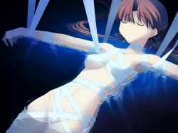 Rule 34 | 00s, 1girl, breasts, brown hair, collarbone, closed eyes, furudera naru, game cg, hair ribbon, long hair, low twintails, medium breasts, naked ribbon, navel, parted lips, partially submerged, riannon, ribbon, sleeping, solo, tears to tiara, teeth, twintails, water