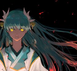Rule 34 | 1473ex, 1girl, black background, blue hair, dragon horns, embers, fate/grand order, fate (series), glowing, glowing eyes, highres, horns, japanese clothes, kimono, kiyohime (fate), long hair, single tear, slit pupils, yellow eyes