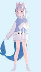 Rule 34 | 1girl, :3, absurdres, ahoge, alternate costume, animal ears, bare legs, blue background, blue eyes, blue hair, blush, cat ears, closed mouth, collarbone, drawstring, fins, fish tail, full body, gawr gura, hair bobbles, hair ornament, highres, hololive, hololive english, hood, hoodie, lucasyecla99, medium hair, multicolored hair, oversized clothes, shark tail, simple background, sleeves past fingers, sleeves past wrists, smile, socks, solo, standing, streaked hair, tail, two side up, very long sleeves, virtual youtuber, white hair, white socks
