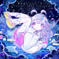 Rule 34 | 1girl, album cover, blunt bangs, closed mouth, cloud, cloudy sky, commentary request, cover, dolphin, floating, full body, japanese clothes, kiato, kimono, knees up, long hair, long sleeves, looking at viewer, loose socks, midair, night, night sky, original, purple hair, sandals, shide, sky, smile, socks, solo, song name, star (sky), starry sky, two side up, white socks