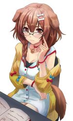 Rule 34 | 1girl, :3, animal ears, bespectacled, bone hair ornament, book, braid, breast hold, breasts, brown hair, chair, cherre, choker, cleavage, closed mouth, commentary, dog ears, dog girl, dog tail, dress, glasses, hair between eyes, hair ornament, highres, hololive, inugami korone, inugami korone (1st costume), jacket, looking at viewer, medium breasts, medium hair, off shoulder, red choker, red eyes, side braids, simple background, sleeveless, sleeveless dress, smile, solo, tail, twin braids, virtual youtuber, white background, white dress, wristband, yellow jacket