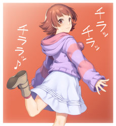 Rule 34 | 1girl, blue jacket, brown eyes, brown footwear, brown hair, commentary request, from behind, idolmaster, idolmaster million live!, jacket, leg up, long sleeves, looking at viewer, nanaran, nonohara akane, red background, shoes, short hair, simple background, skirt, sleeves past wrists, smile, solo, translation request, white skirt