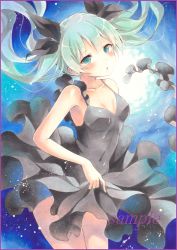 Rule 34 | 1girl, :o, aqua eyes, aqua hair, bad id, bad pixiv id, black dress, blush, breasts, collarbone, colored pencil (medium), covered navel, cowboy shot, dress, hatsune miku, long hair, looking at viewer, marker (medium), parted lips, potto, sample watermark, shinkai shoujo (vocaloid), small breasts, solo, thighs, traditional media, twintails, underwater, vocaloid, watermark