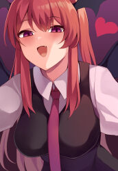 Rule 34 | 1girl, absurdres, black skirt, black vest, black wings, blush, collared shirt, fang, head wings, heart, highres, koakuma, koizumo, long hair, long sleeves, looking at viewer, necktie, open mouth, red eyes, red hair, red necktie, shirt, sidelocks, skin fang, skirt, smile, solo, touhou, upper body, vest, white shirt, wings