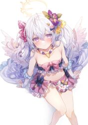 Rule 34 | 1girl, ahoge, azusa (blue archive), azusa (swimsuit) (blue archive), bikini, bikini skirt, blue archive, blush, breasts, feathered wings, flower, food-themed hair ornament, frilled bikini, frills, from above, grey hair, hair flower, hair ornament, halo, highres, long hair, looking at viewer, low wings, multicolored bikini, multicolored clothes, navel, official alternate costume, orange hair ornament, purple eyes, purple flower, ribbon-trimmed swimsuit, ribbon trim, shikino yuki, sitting, small breasts, solo, strapless, strapless bikini, swimsuit, watermelon hair ornament, white wings, wing bow, wing ornament, wings