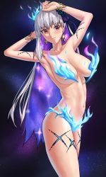 Rule 34 | 1girl, bare shoulders, blue fire, blue hair, blush, body markings, bracelet, breasts, earrings, fate/grand order, fate (series), fire, flower, hair flower, hair ornament, hair ribbon, jewelry, kama (fate), kama (swimsuit avenger) (fate), kama (swimsuit avenger) (third ascension) (fate), large breasts, long hair, looking at viewer, lotus, multicolored hair, navel, red eyes, ribbon, sarhce, silver hair, solo, star (symbol), star earrings, thighs, two-tone hair