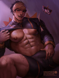 Rule 34 | 1boy, abs, arkapami, bandana, bara, bare pectorals, bike shorts, boxers, bulge, clothes lift, creatures (company), game freak, gen 4 pokemon, highres, large pectorals, lifted by self, male focus, male masturbation, male underwear, masturbation, muscular, muscular male, navel, nintendo, nipples, paid reward available, patreon username, pectorals, pokemon, pokemon (creature), pokemon swsh, raihan (pokemon), rotom, rotom phone, shirt lift, short hair, solo, sweat, thick thighs, thighs, underwear
