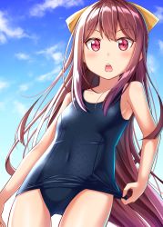 Rule 34 | 10s, 1girl, adjusting clothes, adjusting swimsuit, blue one-piece swimsuit, bow, brown hair, chestnut mouth, cloud, covered navel, cowboy shot, d:, day, flat chest, from behind, gluteal fold, gurande (g-size), hair bow, half updo, highres, kamikaze (kancolle), kantai collection, long hair, old school swimsuit, one-piece swimsuit, open mouth, outdoors, red eyes, school swimsuit, shiny clothes, sky, solo, swimsuit, yellow bow