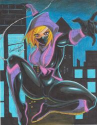 Rule 34 | 1girl, 2023, absurdres, animal print, blonde hair, breasts, building, dynamic pose, face mask, highres, hood, large breasts, marvel, mask, multicolored clothes, multicolored suit, night, night sky, on air, original, original design, pink eyes, ravernclouk design, silk, sky, solo, spider-man (series), spider print, spider web, spider web print