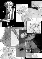 Rule 34 | 1girl, bad id, bad pixiv id, book, bow, bug, butterfly, chomoran, collage, comic, dark, expressionless, closed eyes, female focus, greyscale, hat, holding, holding book, bug, lamp, long hair, monochrome, patchouli knowledge, profile, table, touhou