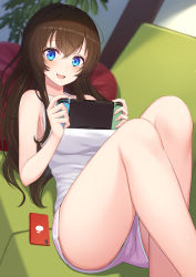Rule 34 | 1girl, :d, bare arms, bare legs, bare shoulders, blue eyes, breasts, brown hair, couch, dolphin shorts, feet out of frame, game console, highres, holding, long hair, looking at viewer, lying, nintendo switch, nishino eri, on back, on couch, open mouth, original, phone, pink shorts, shirt, short shorts, shorts, sleeveless, sleeveless shirt, smile, solo, thighs, white shirt