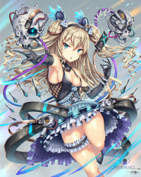 Rule 34 | 1girl, :o, armpits, bare shoulders, black gloves, blonde hair, breasts, bridal garter, cleavage, dress, dutch angle, elbow gloves, frilled dress, frilled garter, frills, gia, gloves, hair between eyes, headgear, highres, long hair, looking at viewer, medium breasts, necromancer, original, science fiction, sideboob, skull, solo, standing, standing on one leg, twintails