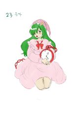 Rule 34 | 1girl, absurdres, analog clock, blush, bow, capelet, chain, clock, commentary request, crescent, derivative work, dress, frilled capelet, frilled hat, frills, full body, green eyes, green hair, hair over one eye, hat, highres, holding, kazami yuuka, kazami yuuka (pc-98), kneeling, korean commentary, kuya (hey36253625), long hair, long sleeves, lotus land story, nightcap, nightgown, open mouth, pajamas, pink capelet, pink dress, pink headwear, pink pajamas, red bow, simple background, sleepy, star (symbol), star print, touhou, touhou (pc-98), translation request, very long hair, waking up, white background