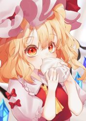 Rule 34 | 1girl, :t, ascot, baozi, blonde hair, blurry, blush, calpis118, colored eyelashes, commentary request, crystal, depth of field, eating, eyes visible through hair, flandre scarlet, food, frilled shirt collar, frilled sleeves, frills, hair between eyes, hands up, hashtag-only commentary, hat, highres, looking at viewer, medium hair, mob cap, one side up, puffy short sleeves, puffy sleeves, red eyes, shirt, short sleeves, simple background, solo, tareme, touhou, upper body, white background, white hat, white shirt, wings, yellow ascot